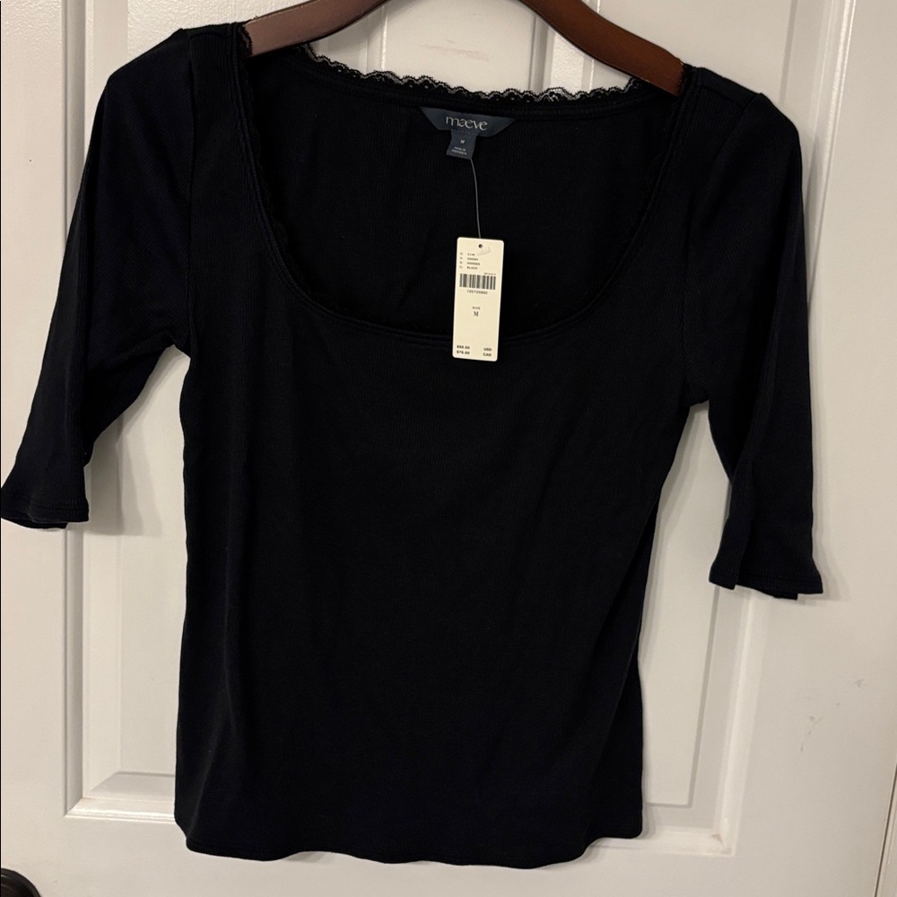 New Maeve Blk Ribbed Top with Lace Detail by anthropology Size S & M - Picture 7 of 11
